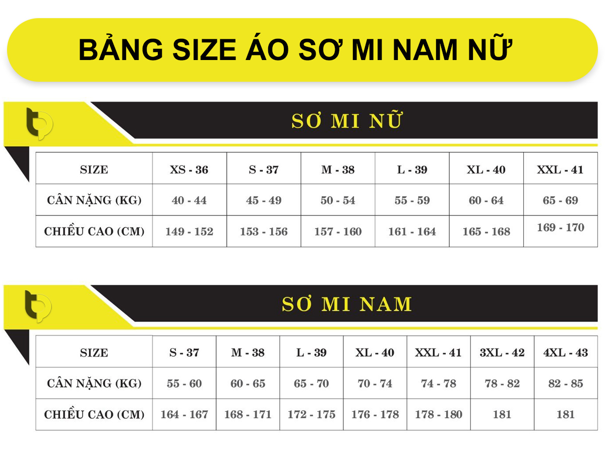 Bảng size áo đồng phục sơ mi